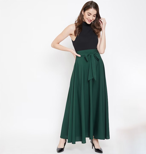 Green Bow Tie Waist Flared Maxi Skirt